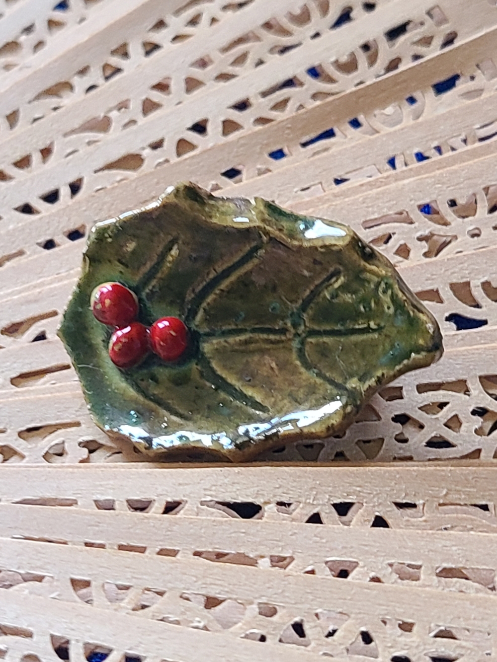 Hand Crafted Green Leaf Dish with Red Berry Accent